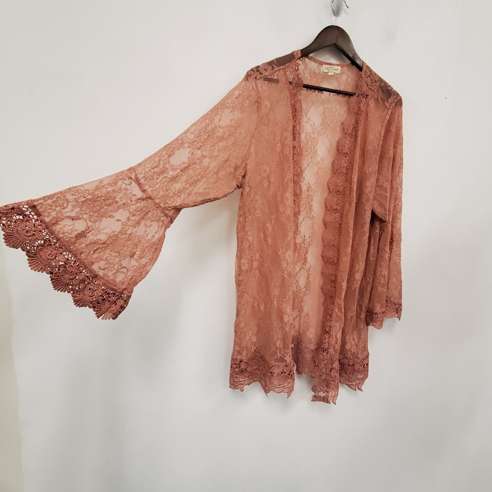 Womens‎ Mesh Fairy Boho Festival Open Front Lace Bell Sleeve Kimono Size 2X Pink